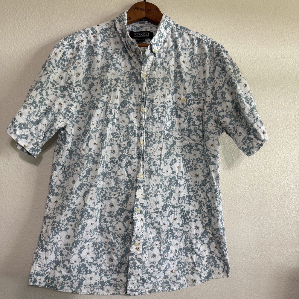 Ezekiel Button-Down Short Sleeve Shirt Mens Large White Blue‎ Floral Classic